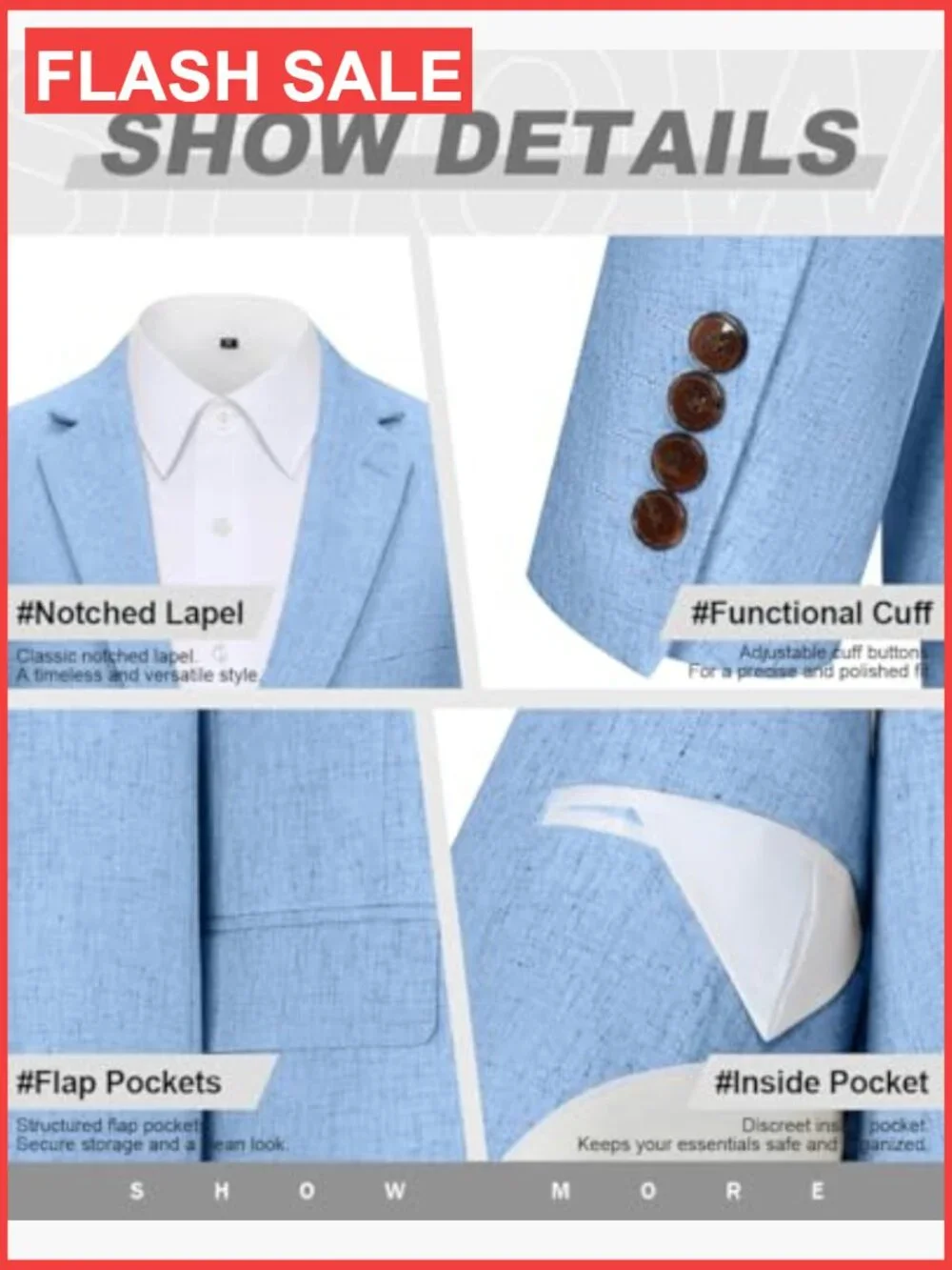 Men's Slim Fit Linen Suit Jacket Blazer Notched Lapel 2 Button Party Prom